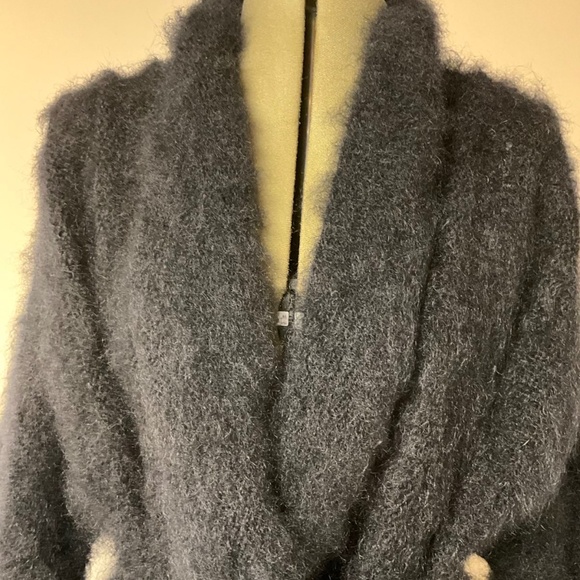 Vintage 100% Wool Fuzzy Longline Coat – Black Shawl Collar Wrap Coat - Picture 3 of 5